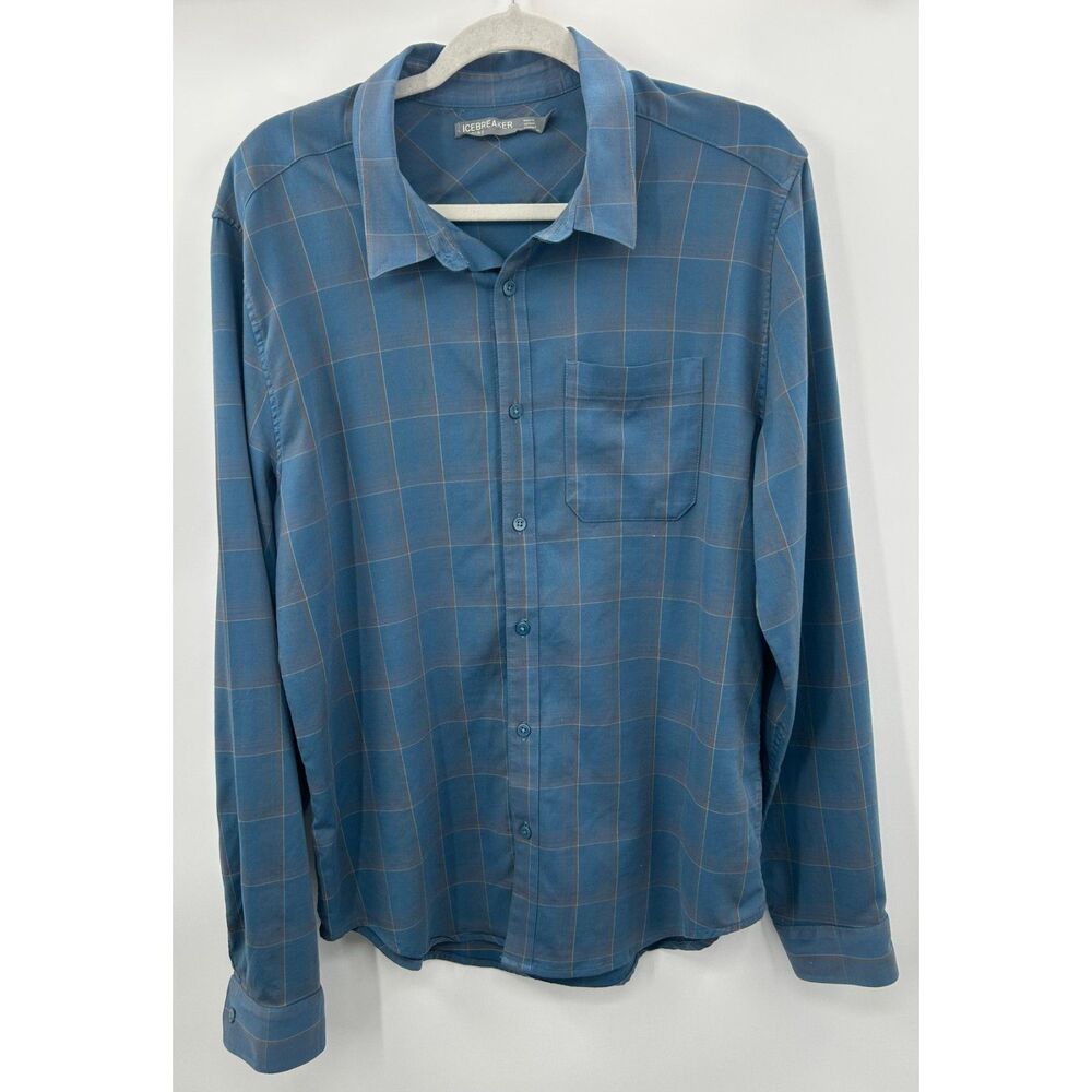 Men's Blue Check Icebreaker Shirt Large L Merino Wool Long Sleeved Pocket